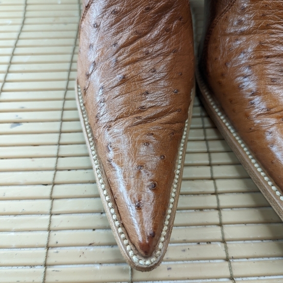 Lagarto Floral Embroidered Ostrich Cognac brown Leather side Zip Pointed Toe 3" - Picture 8 of 10